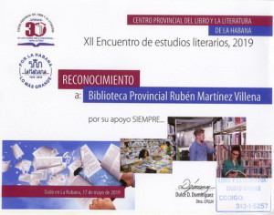 Reconocimiento XII Encuentro de estudios literarios 2019